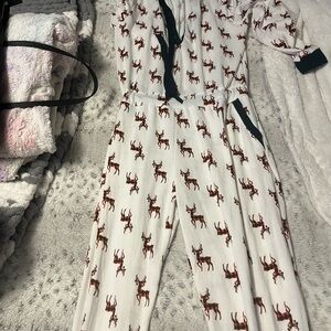 White Jumpsuit with Reindeer Print